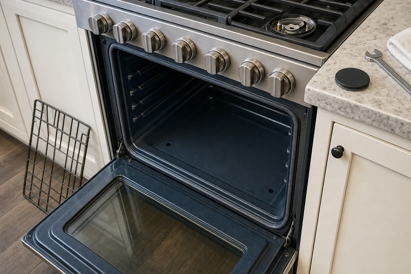 Stainless gas range with the oven door dropped open on an empty cavity and one cooktop burner cap lifted off