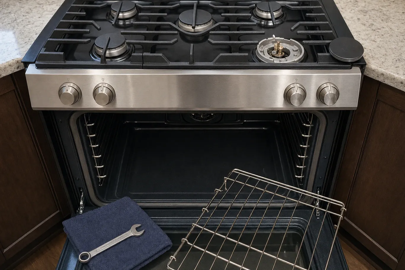 Overhead view of a five-burner gas cooktop with one burner cap and head removed down to the base and igniter