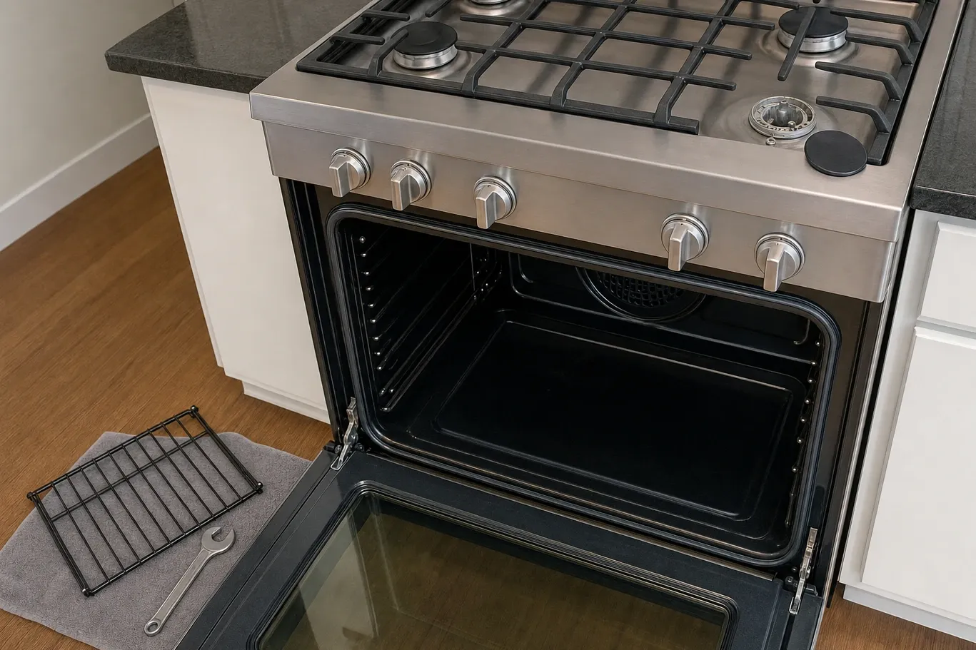 Oven door open on a stainless range, the round perforated convection fan cover exposed on the cavity wall